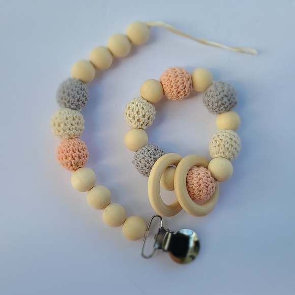 Other - Neutral wooden Pacifier Clip & Teether Set